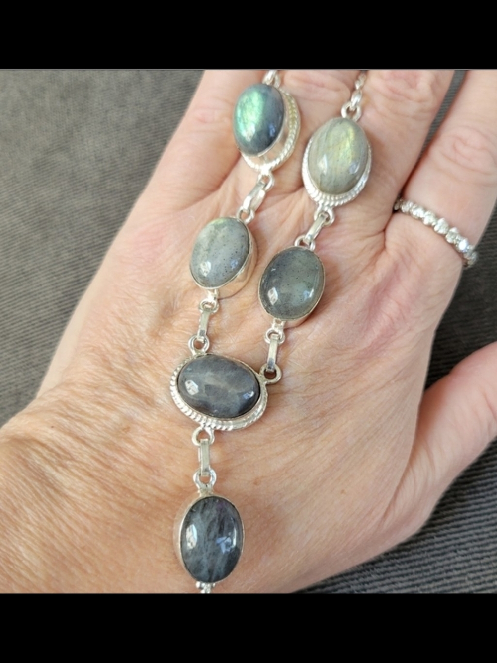 Sterling Silver Labradorite Oval Link Bracelet - Iridescent Gray